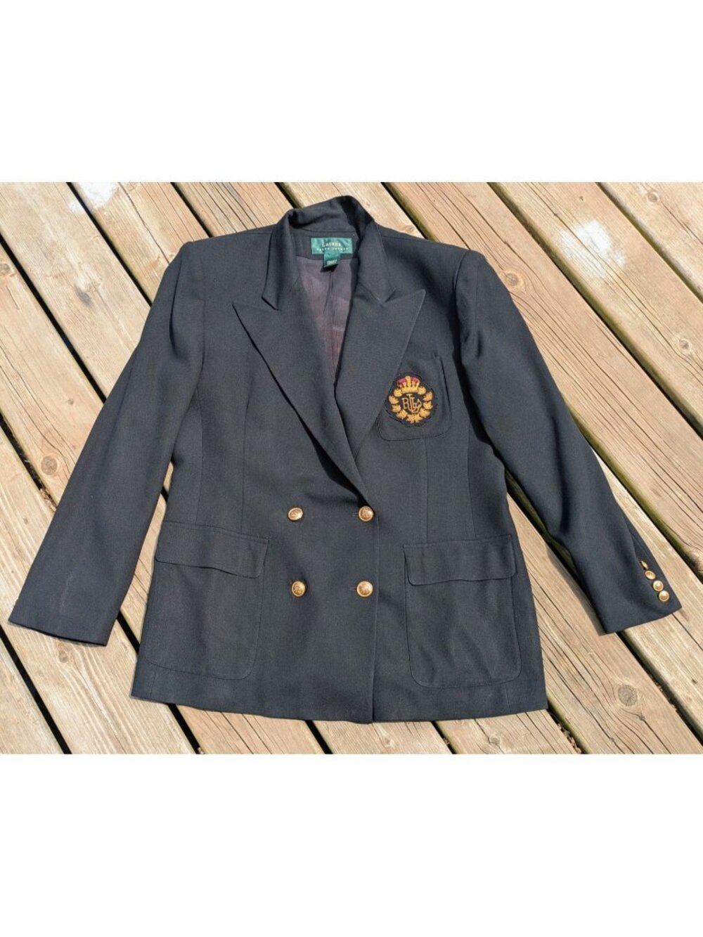 Vintage Ralph Lauren Wool Crest Blazer USA Double Breasted Gold Black Equestrian
